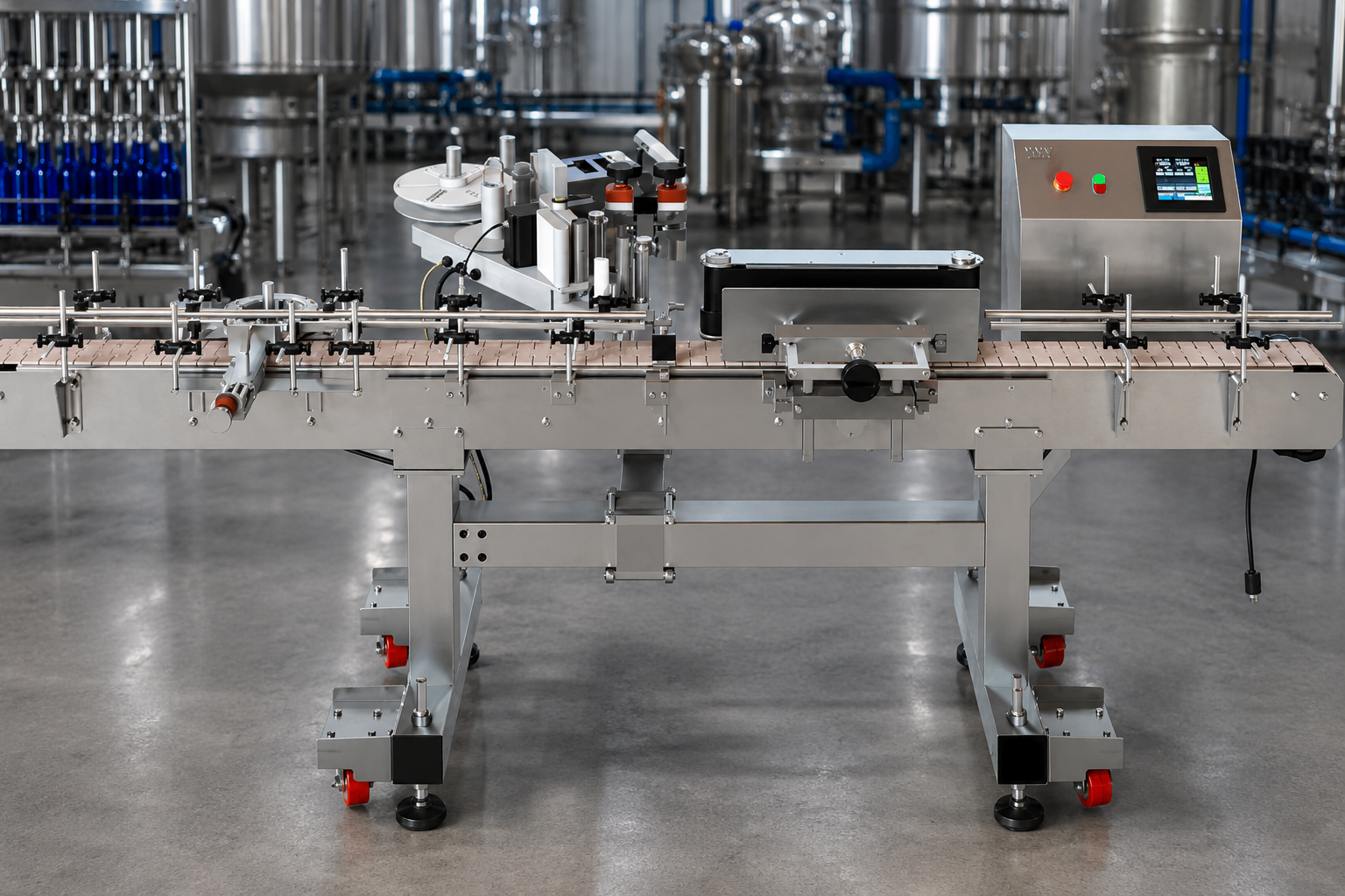 Automatic bottle labeling machine on production line