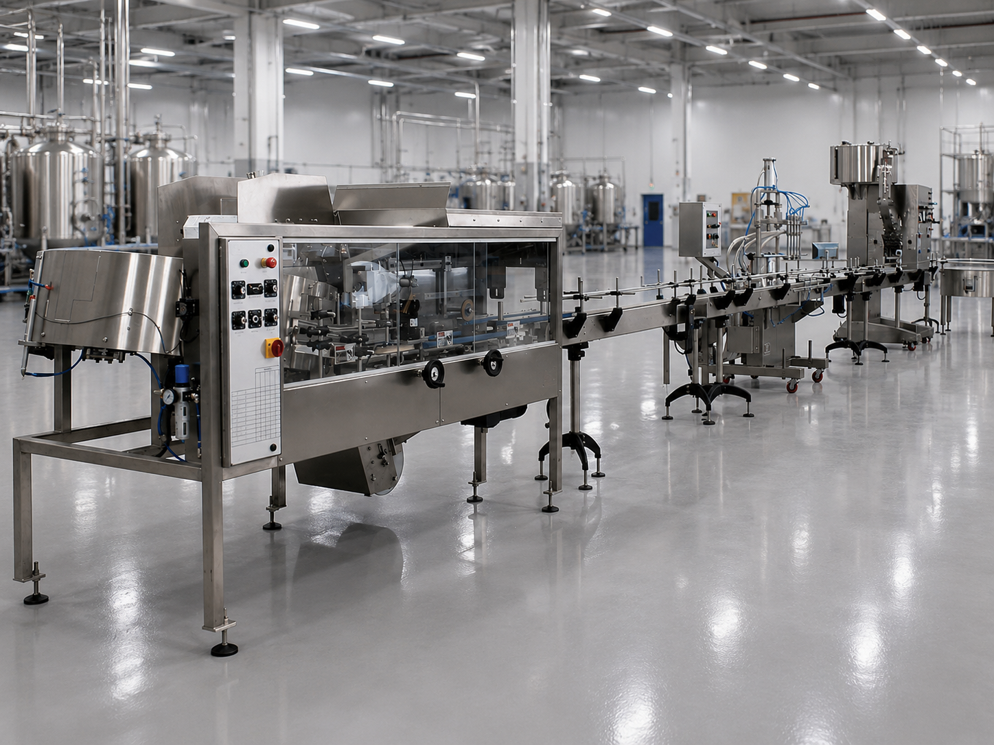 Automatic bottling line running in a production facility