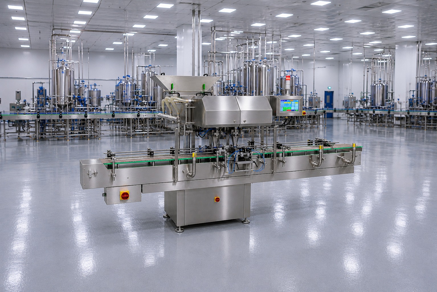 Natronics 16 Channel Tablet Counter with hopper, counting heads, and touchscreen control panel on a production floor